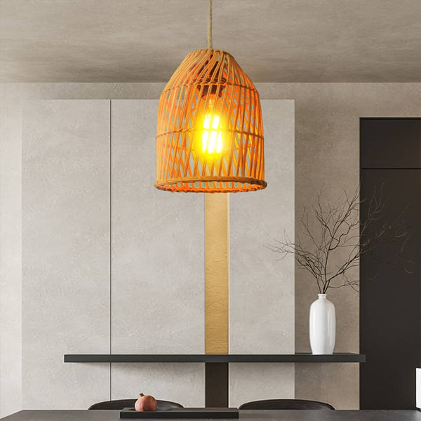 Chinese Drum-shaped Retro Dining Rattan Art Pendant