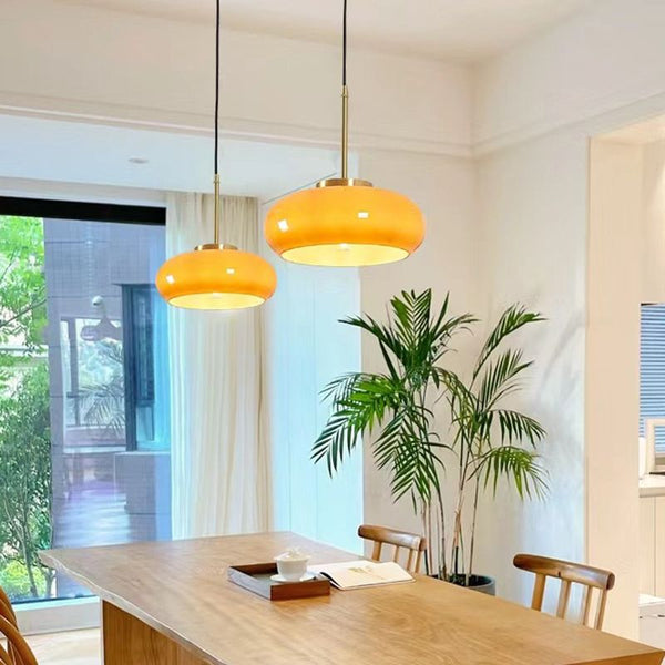 Modern Orange Glass Pendant Light Drum Shape